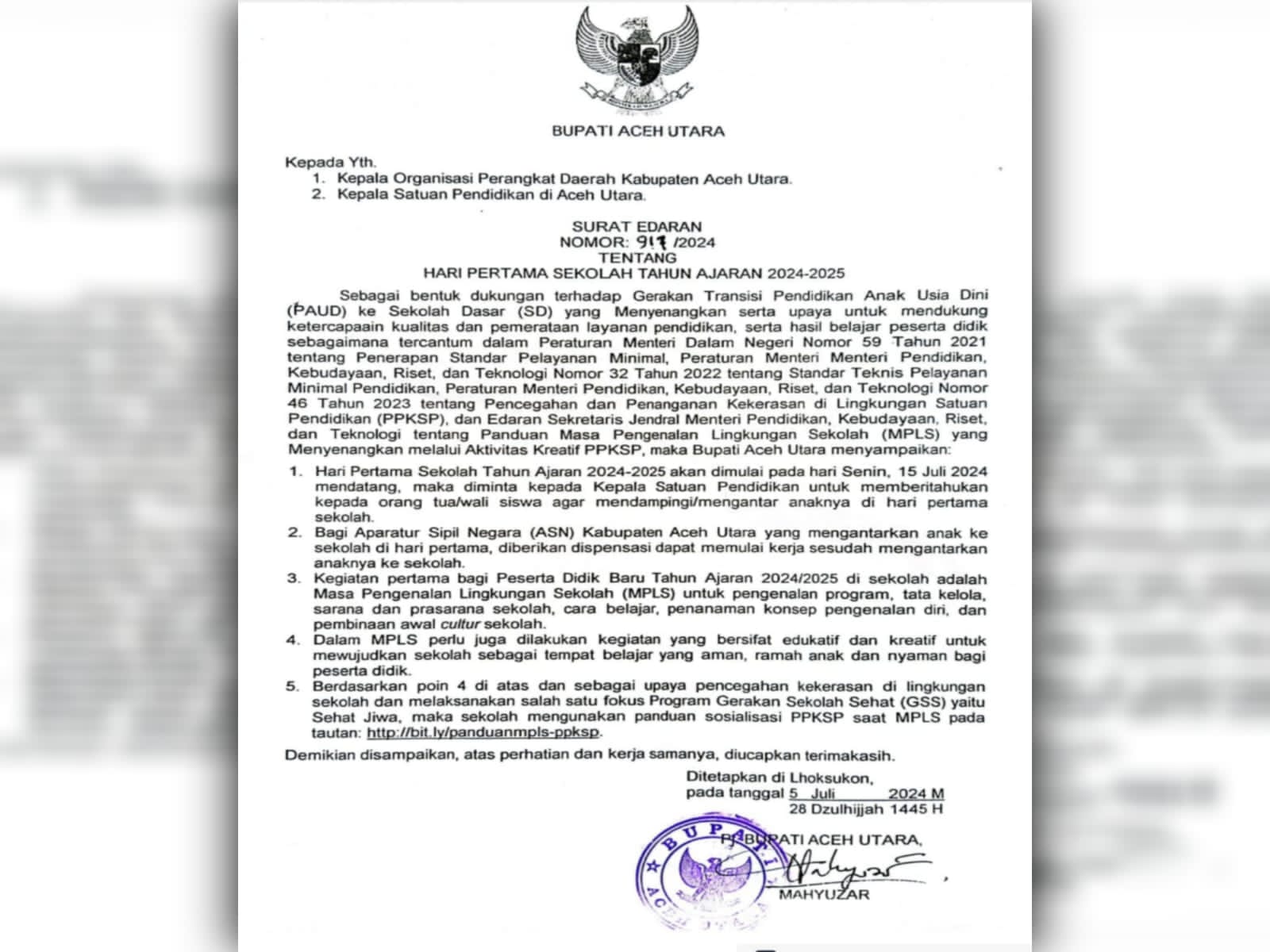 Surat edaran Pj Bupati Aceh Utara