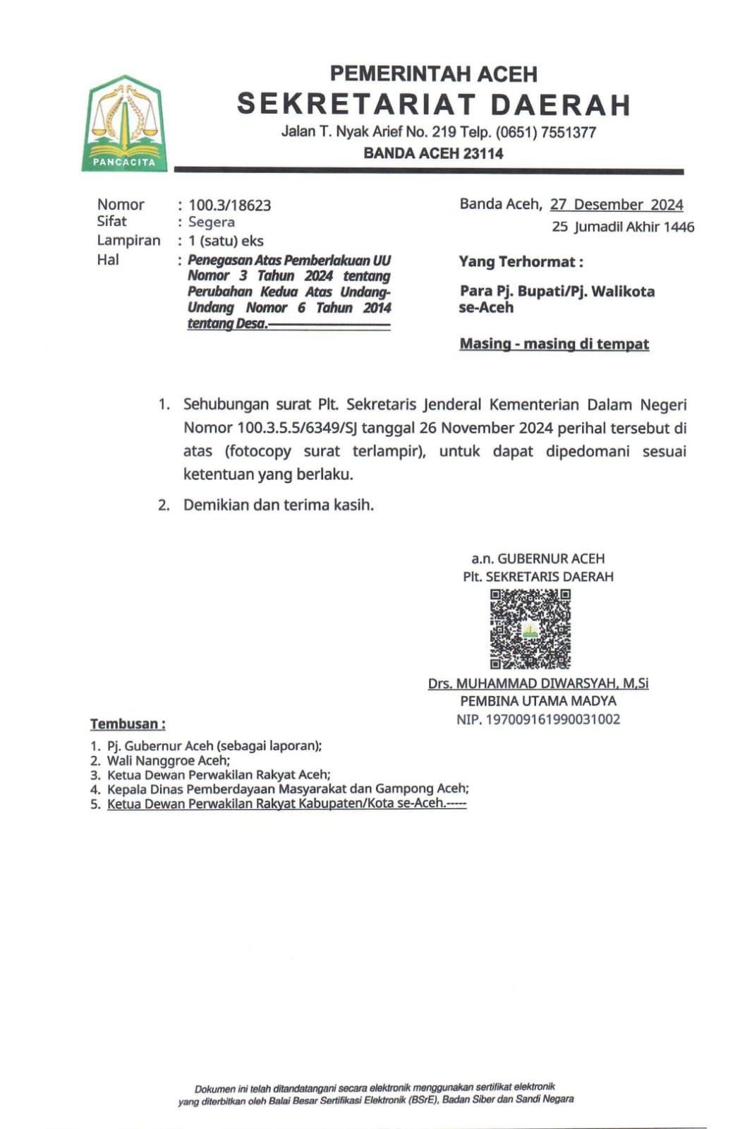 Surat penegasan pemerintah Aceh kepada Pj bupati/wali kota se-Aceh atas pemberlakuan UU nomor 3 tahun 2024 tentang perubahan ke dua atas UU nomor 6 tahun 2014 tentang desa. (Dok: Lingkarkita.com)